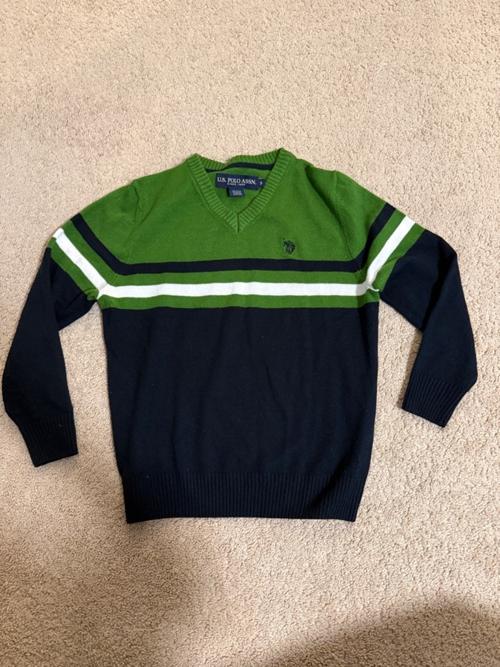 U.S. Polo Assn. Men’s V-Neck Sweater in Green, White & Navy